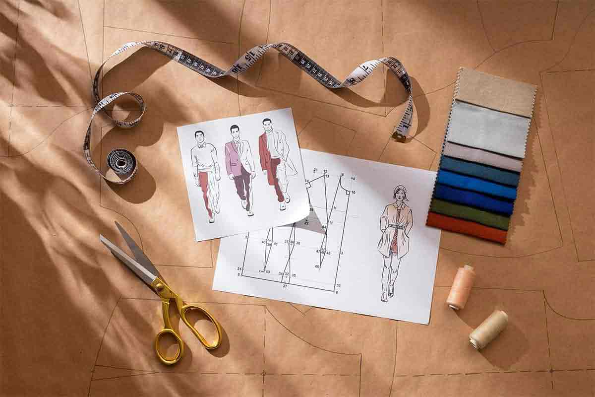 Fashion design workspace with fabric swatches, fashion sketches, a measuring tape, scissors, and sewing patterns on brown craft paper.