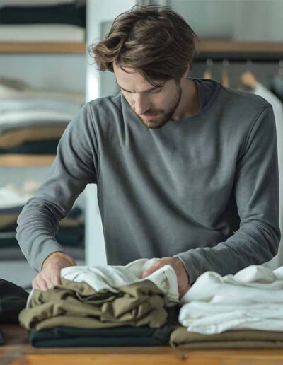 Focused man folding neatly stacked garments in a modern apparel workspace, symbolizing private label clothing production by Ibex Fashion.