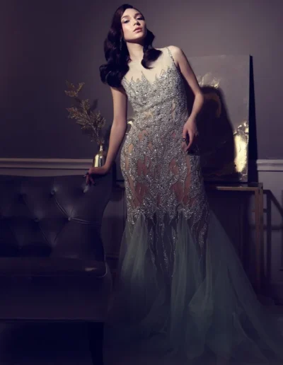 Sparkling silver evening gown with crystal embellishments.