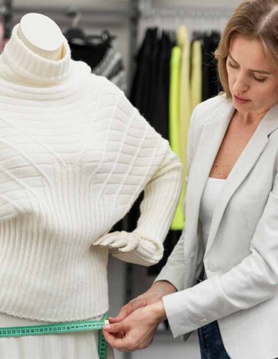 Fashion designer measuring a white knitted garment on a mannequin, representing the custom apparel design process at Ibex Fashion.