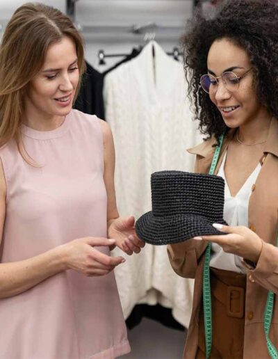 Two women discussing a custom hat design in a modern fashion studio – Ibex Fashion private label clothing manufacturer.