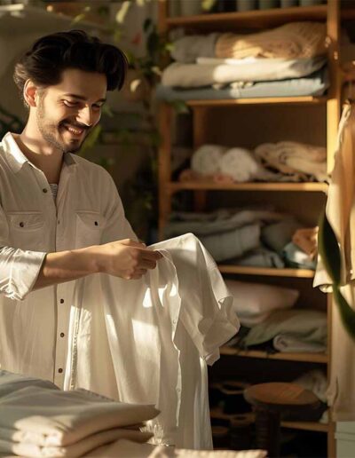 Smiling man folding white shirt in a boutique-style workspace surrounded by neatly arranged garments — representing private label clothing production at Ibex Fashion.