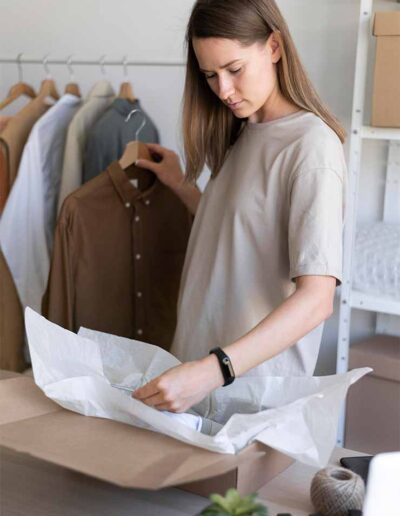 Private label clothing manufacturer in the USA — woman packing custom apparel at Ibex Fashion facility.